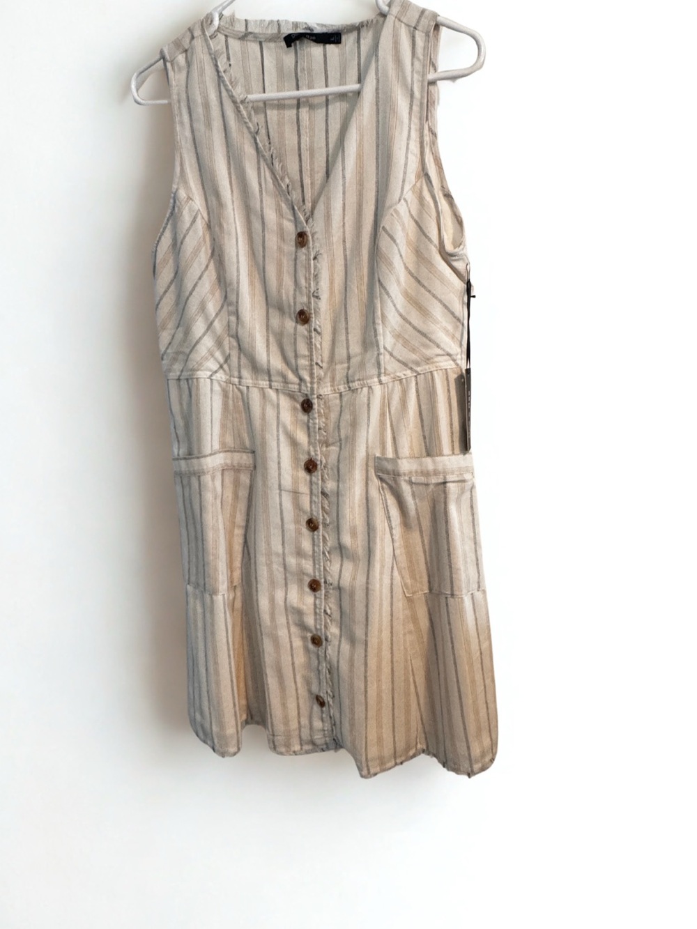 NWT Doe & Rae Striped Linen-Look Mini Dress Fringe V-Neck - L
